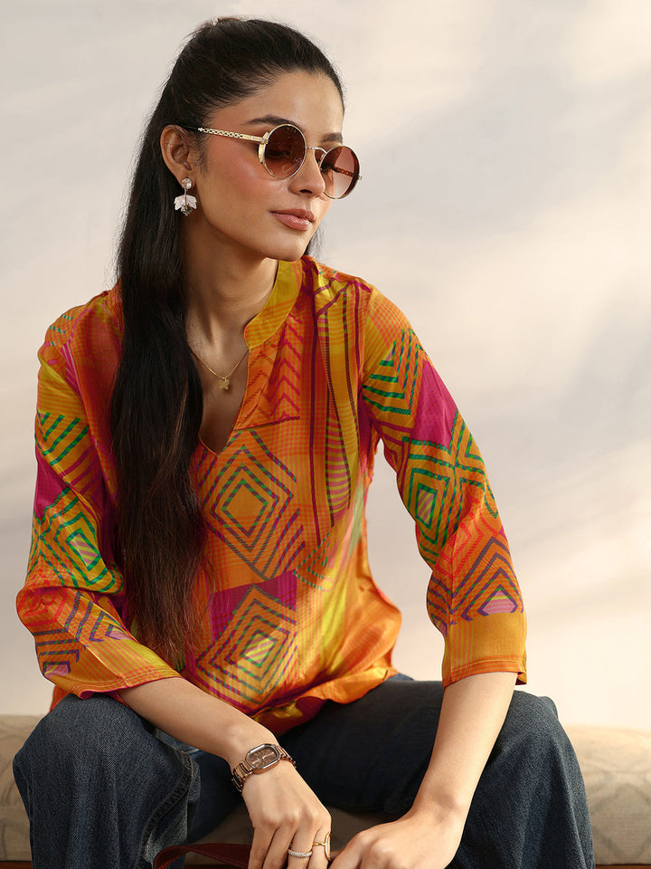 Mustard Geometric Printed Crepe Straight Short Kurti
