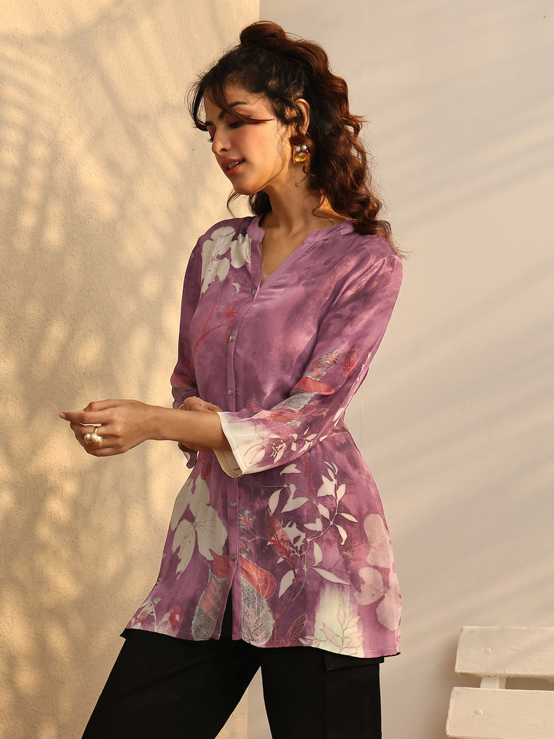 Mauve Printed Crepe Straight Short Kurti