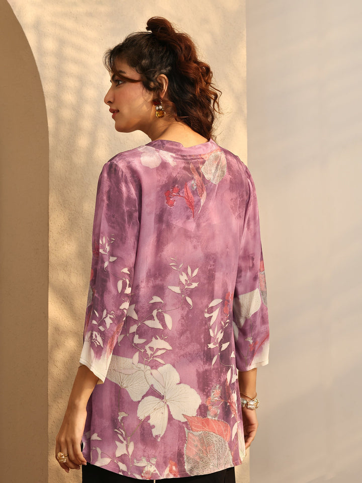 Mauve Printed Crepe Straight Short Kurti