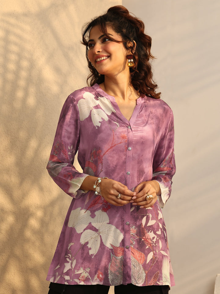 Mauve Printed Crepe Straight Short Kurti