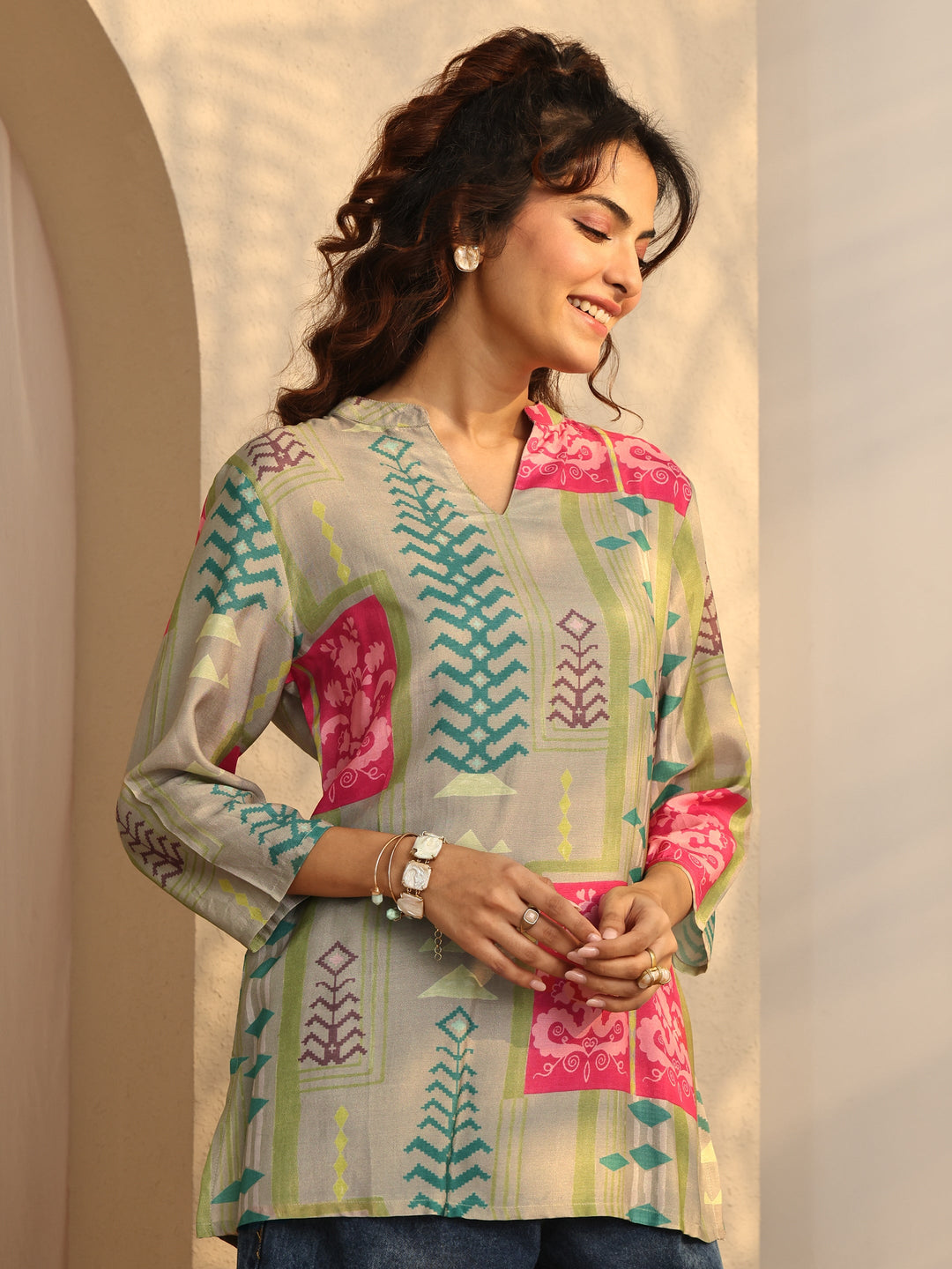 Grey Geometric Printed Muslin Straight Short Kurti