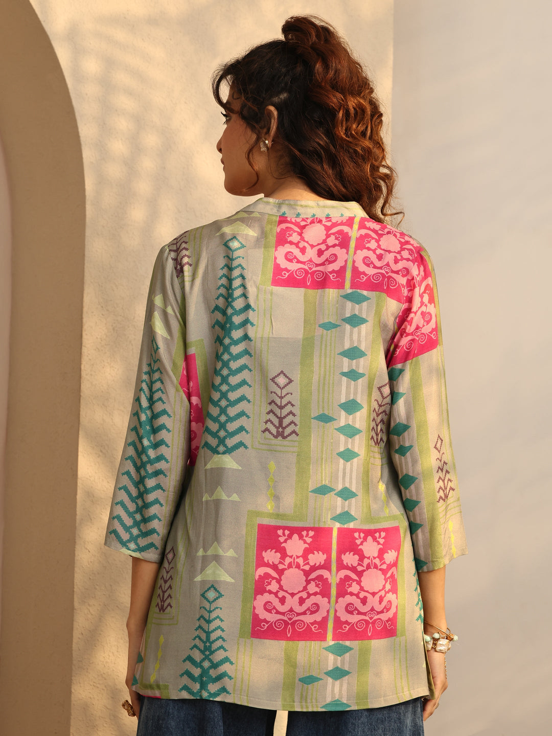 Grey Geometric Printed Muslin Straight Short Kurti