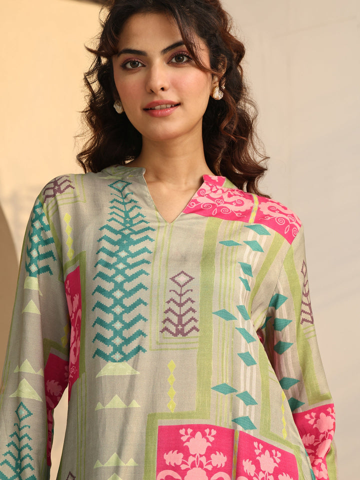 Grey Geometric Printed Muslin Straight Short Kurti
