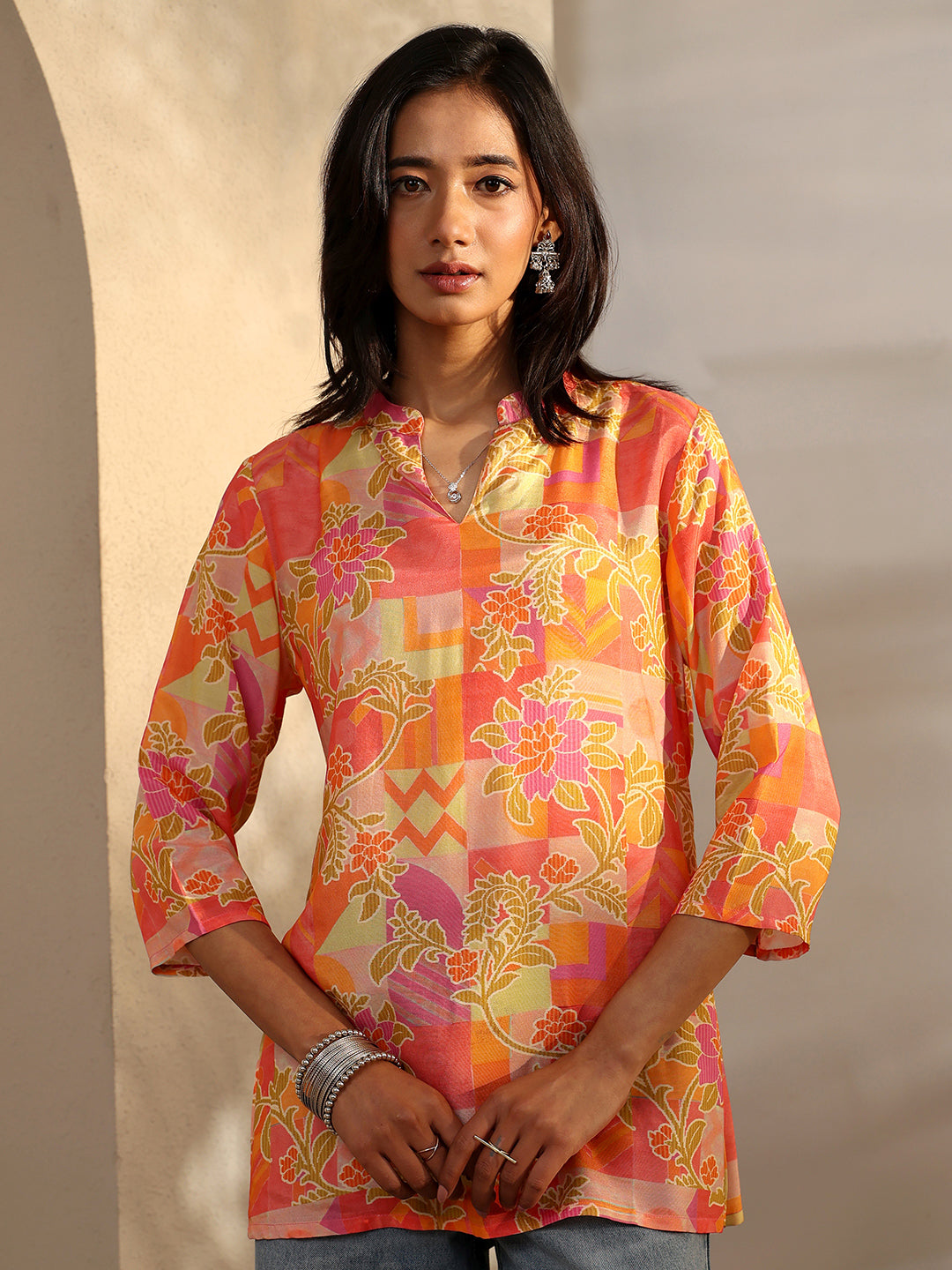 Orange Printed Muslin Straight Short Kurti