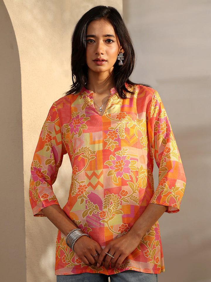 Orange Printed Muslin Straight Short Kurti
