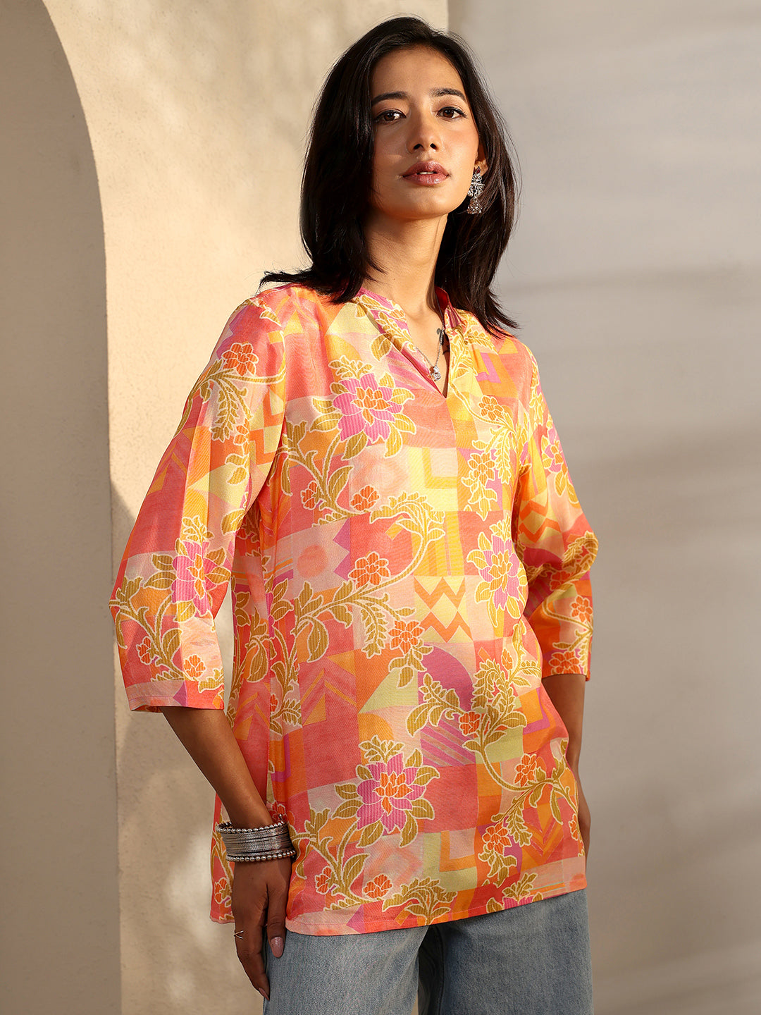 Orange Printed Muslin Straight Short Kurti