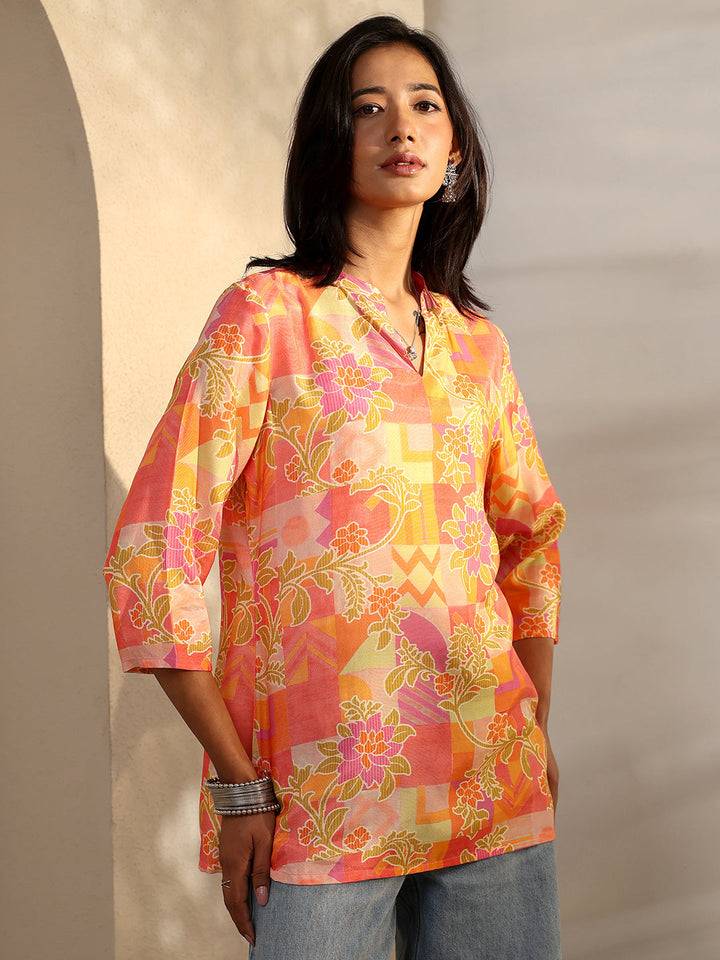 Orange Printed Muslin Straight Short Kurti