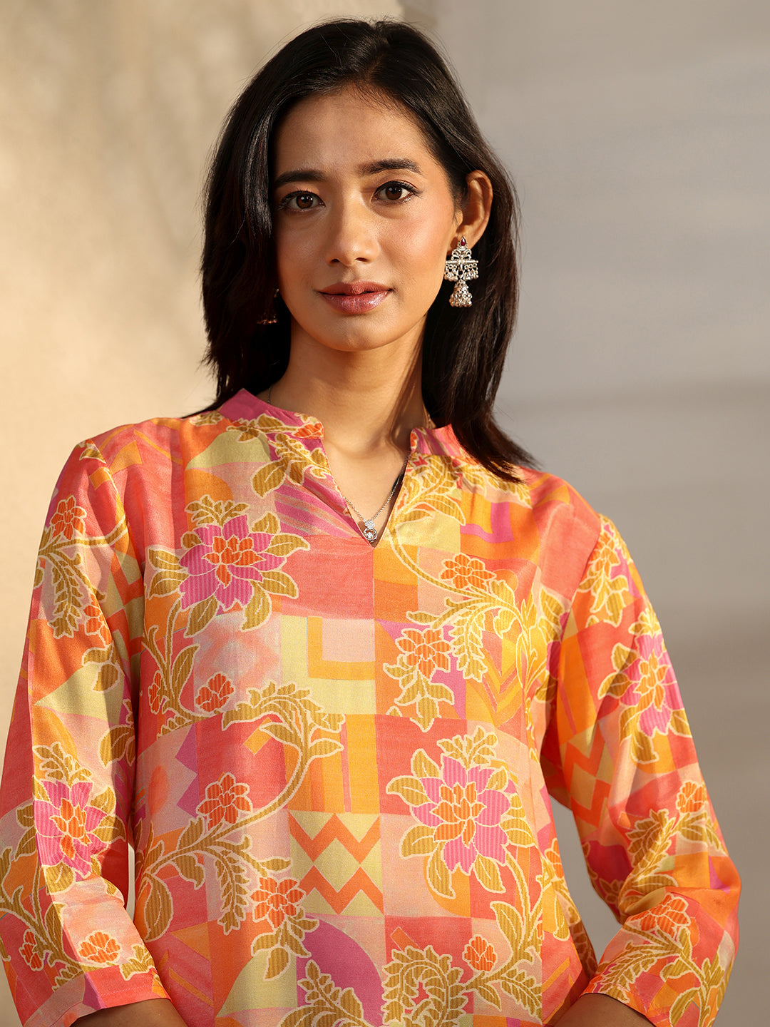 Orange Printed Muslin Straight Short Kurti