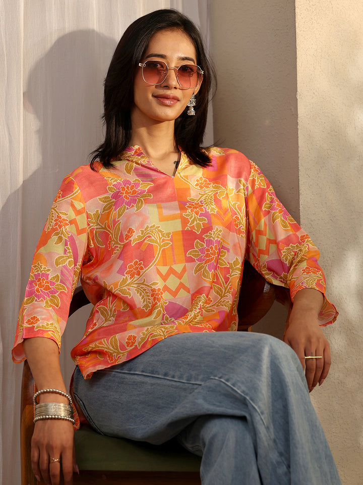 Orange Printed Muslin Straight Short Kurti