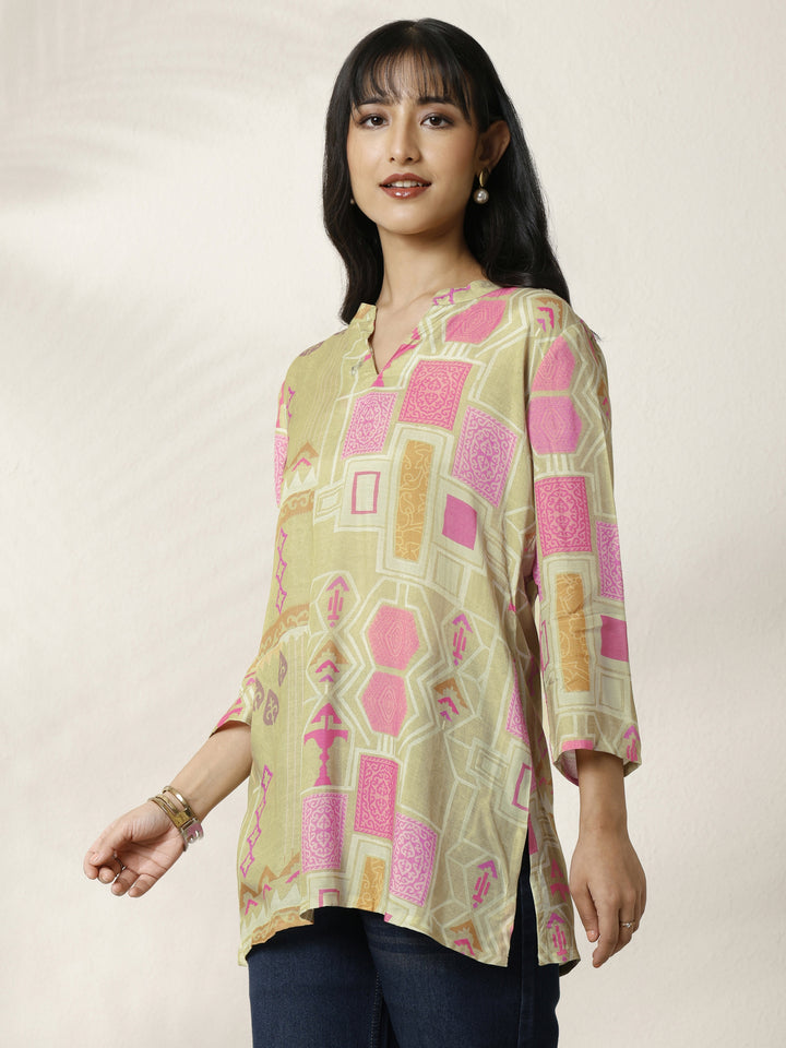 Green Block Printed Muslin Straight Short Kurti