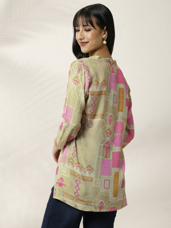 Green Block Printed Muslin Straight Short Kurti