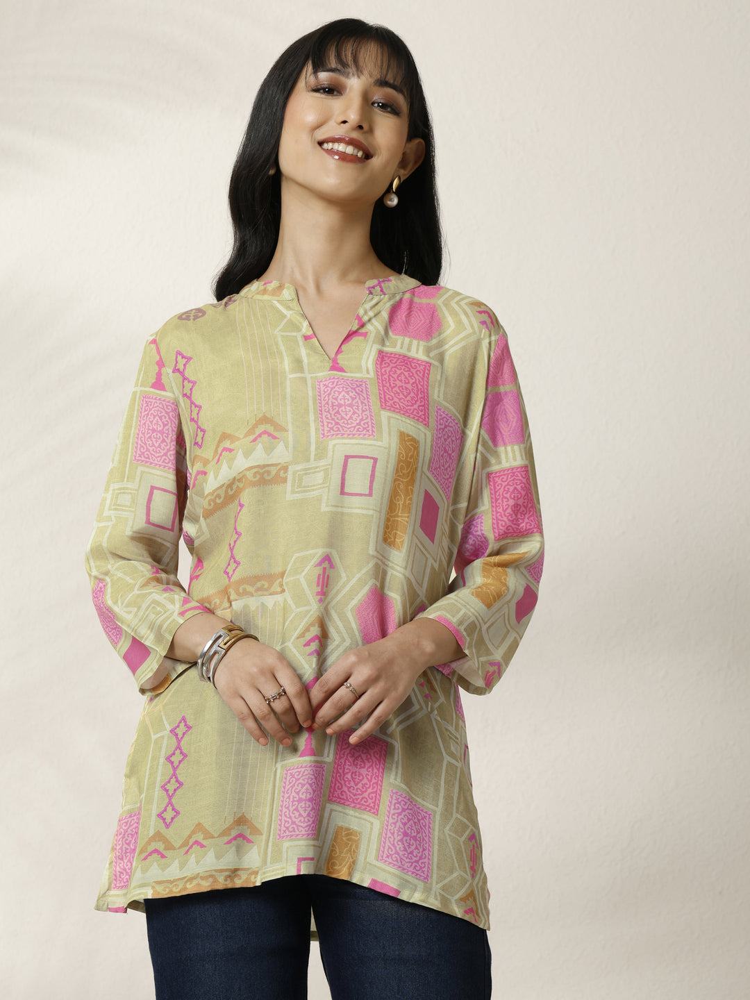 Green Block Printed Muslin Straight Short Kurti