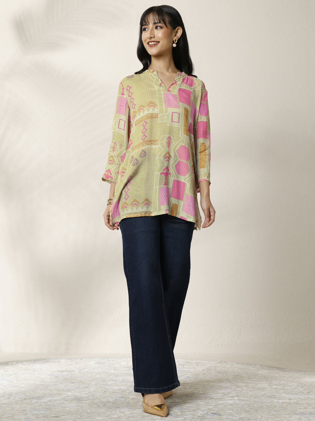 Green Block Printed Muslin Straight Short Kurti