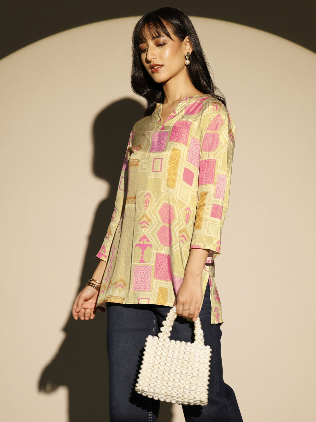 Green Block Printed Muslin Straight Short Kurti