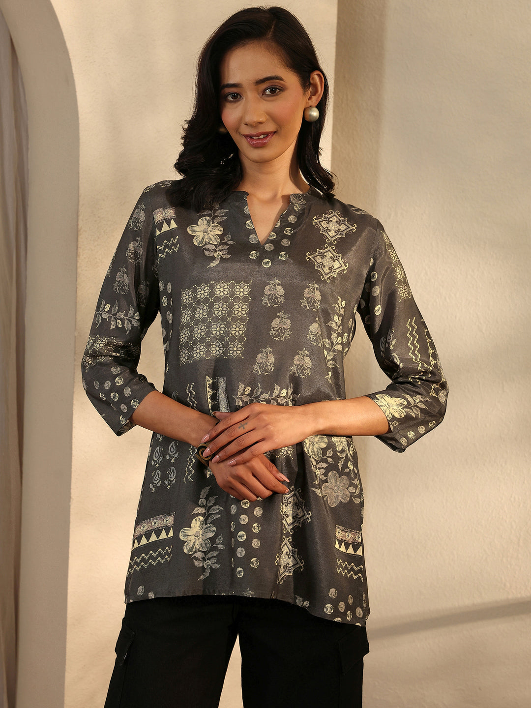Grey Printed Muslin Straight Short Kurti