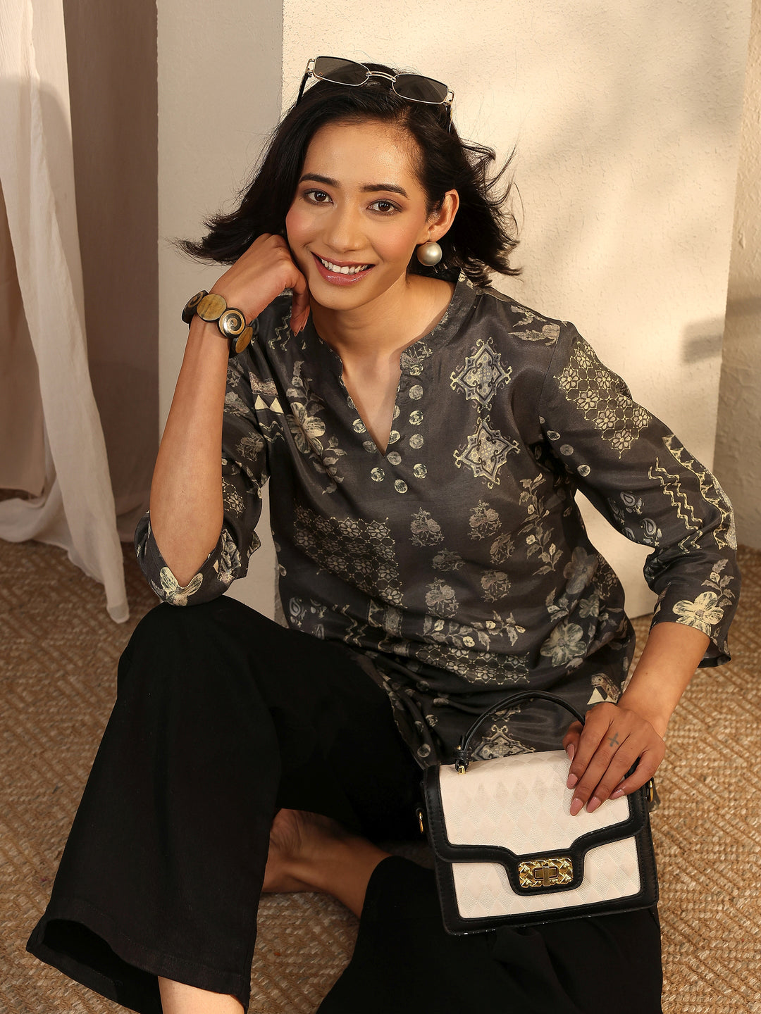 Grey Printed Muslin Straight Short Kurti