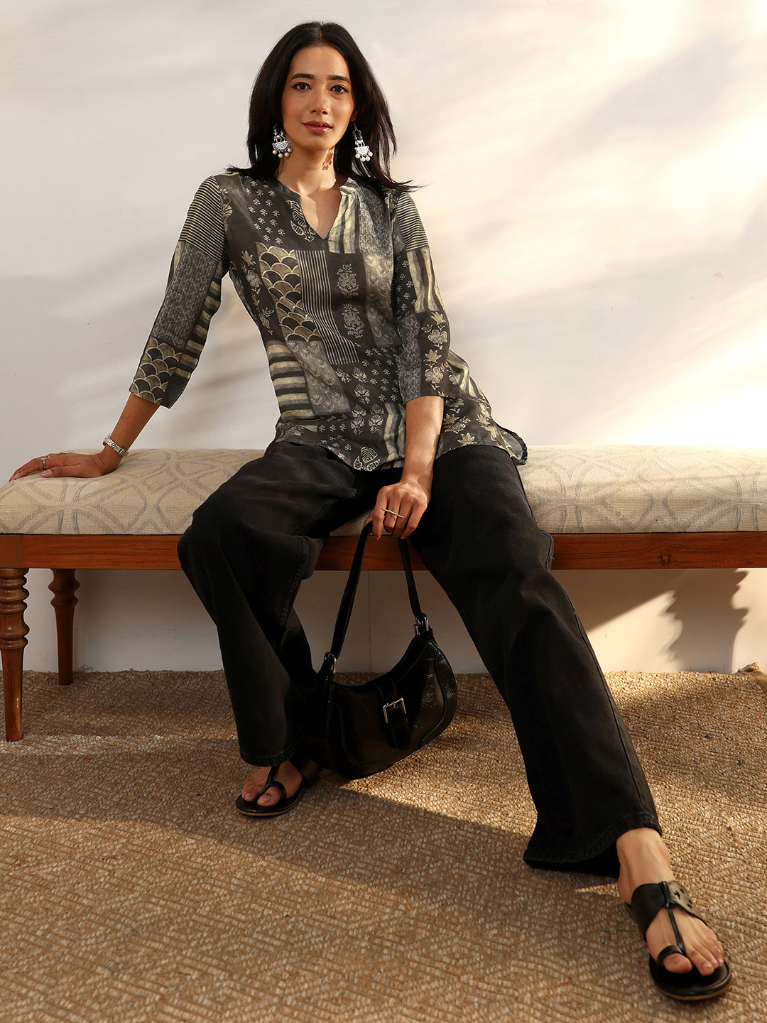 Grey Printed Muslin Straight Short Kurti