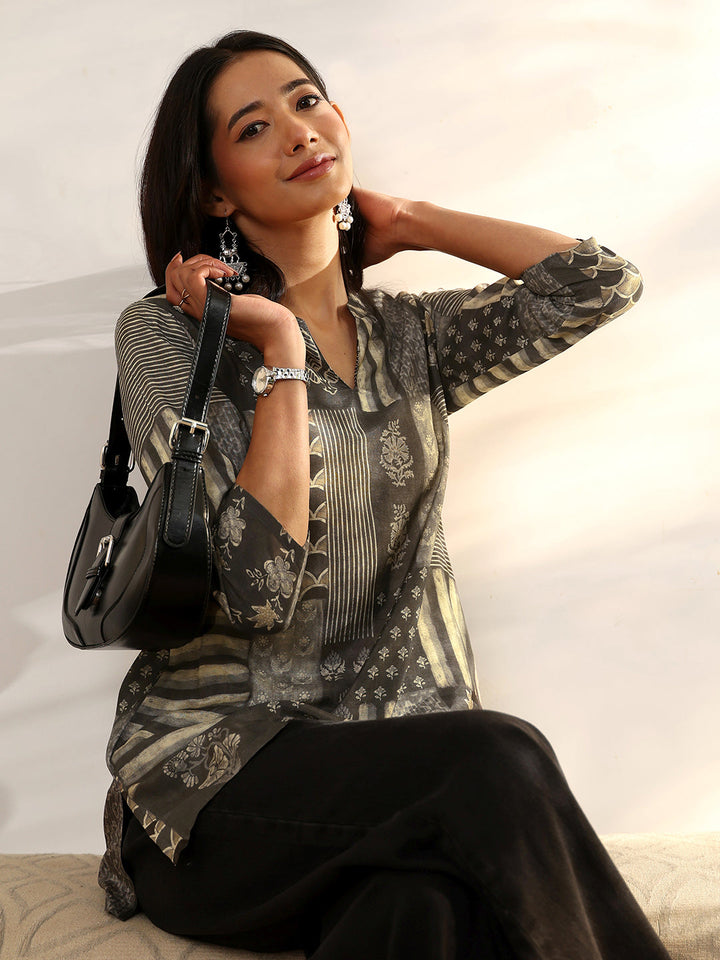 Grey Printed Muslin Straight Short Kurti