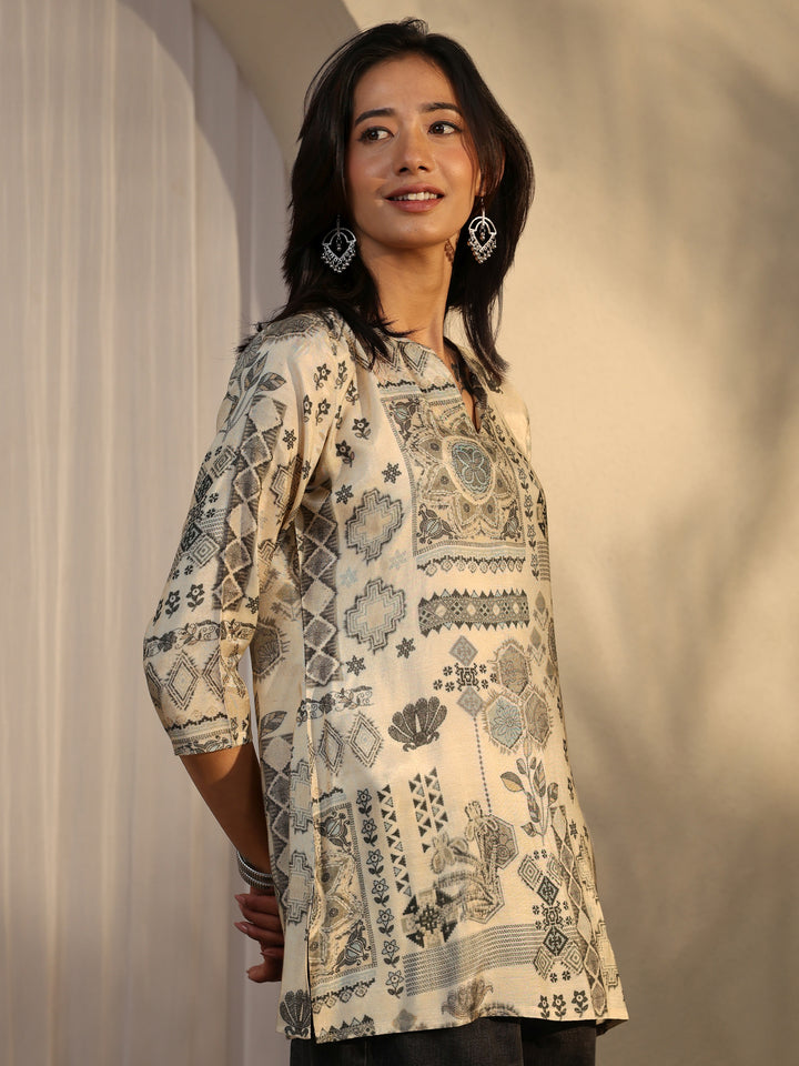 Beige Block Printed Muslin Straight Short Kurti