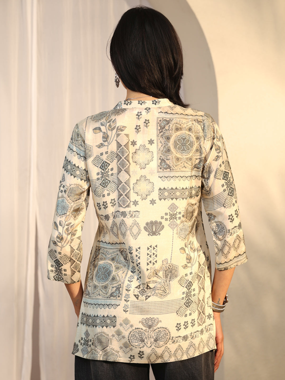 Beige Block Printed Muslin Straight Short Kurti