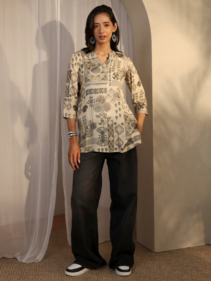 Beige Block Printed Muslin Straight Short Kurti