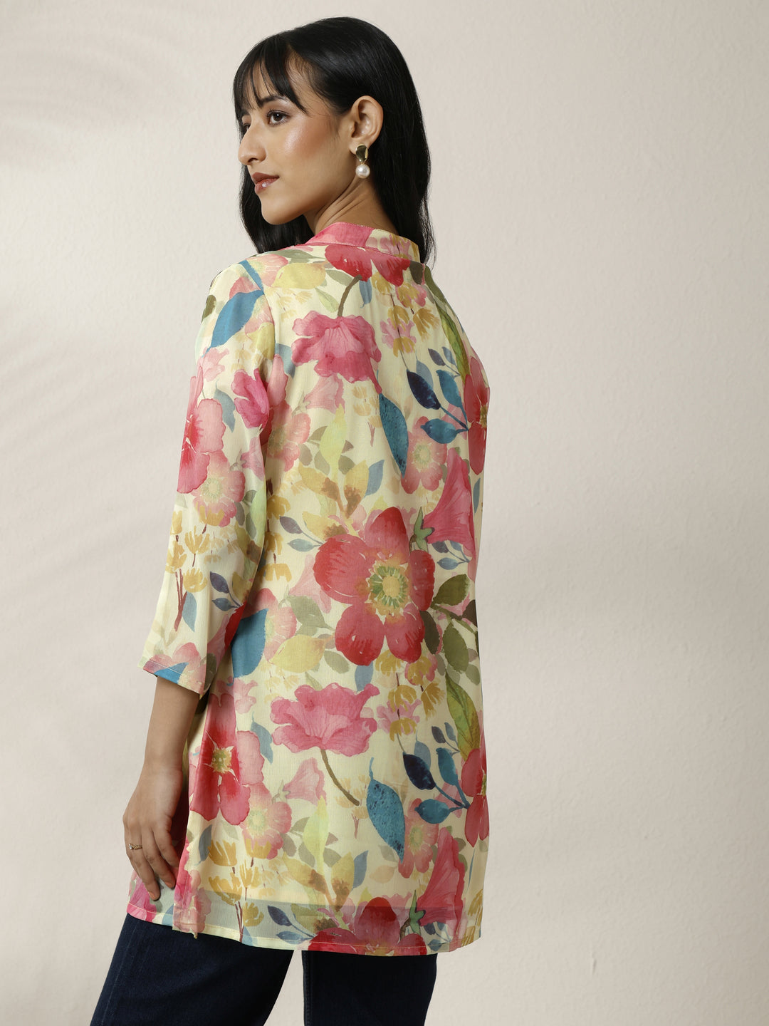 Off White Printed Chiffon Straight Short Kurti