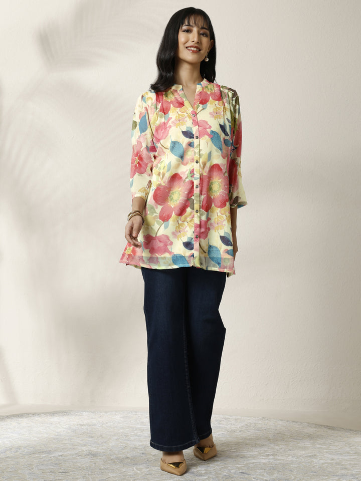 Off White Printed Chiffon Straight Short Kurti