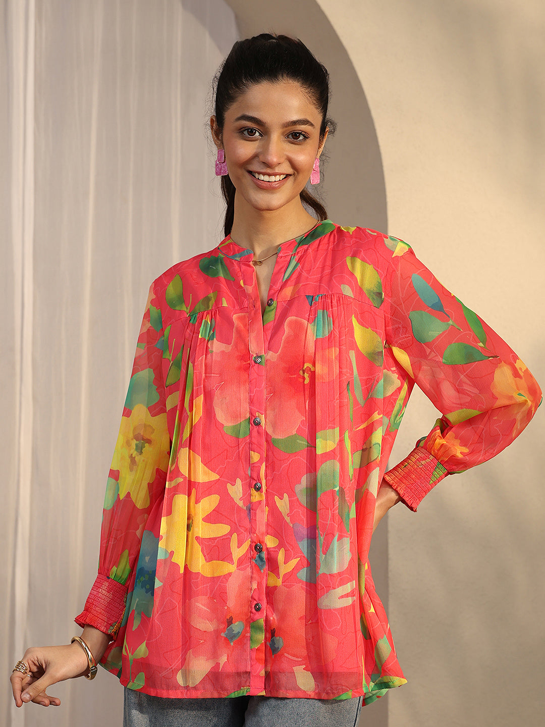 Coral Printed Chiffon A-Line Shirt