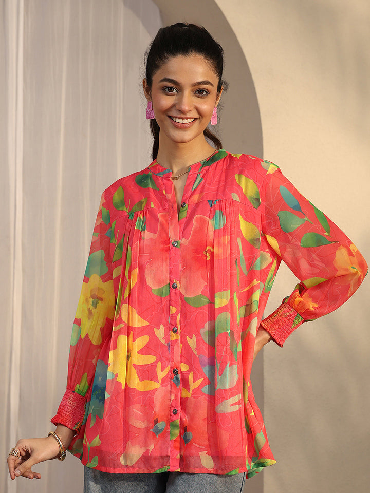 Coral Printed Chiffon A-Line Shirt
