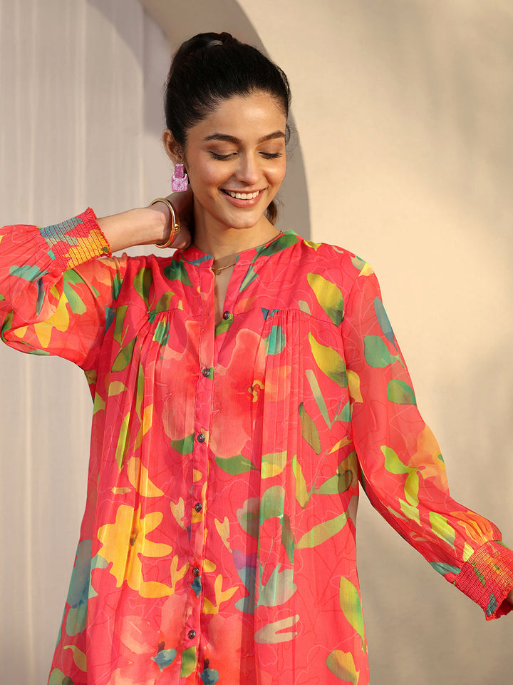 Coral Printed Chiffon A-Line Shirt