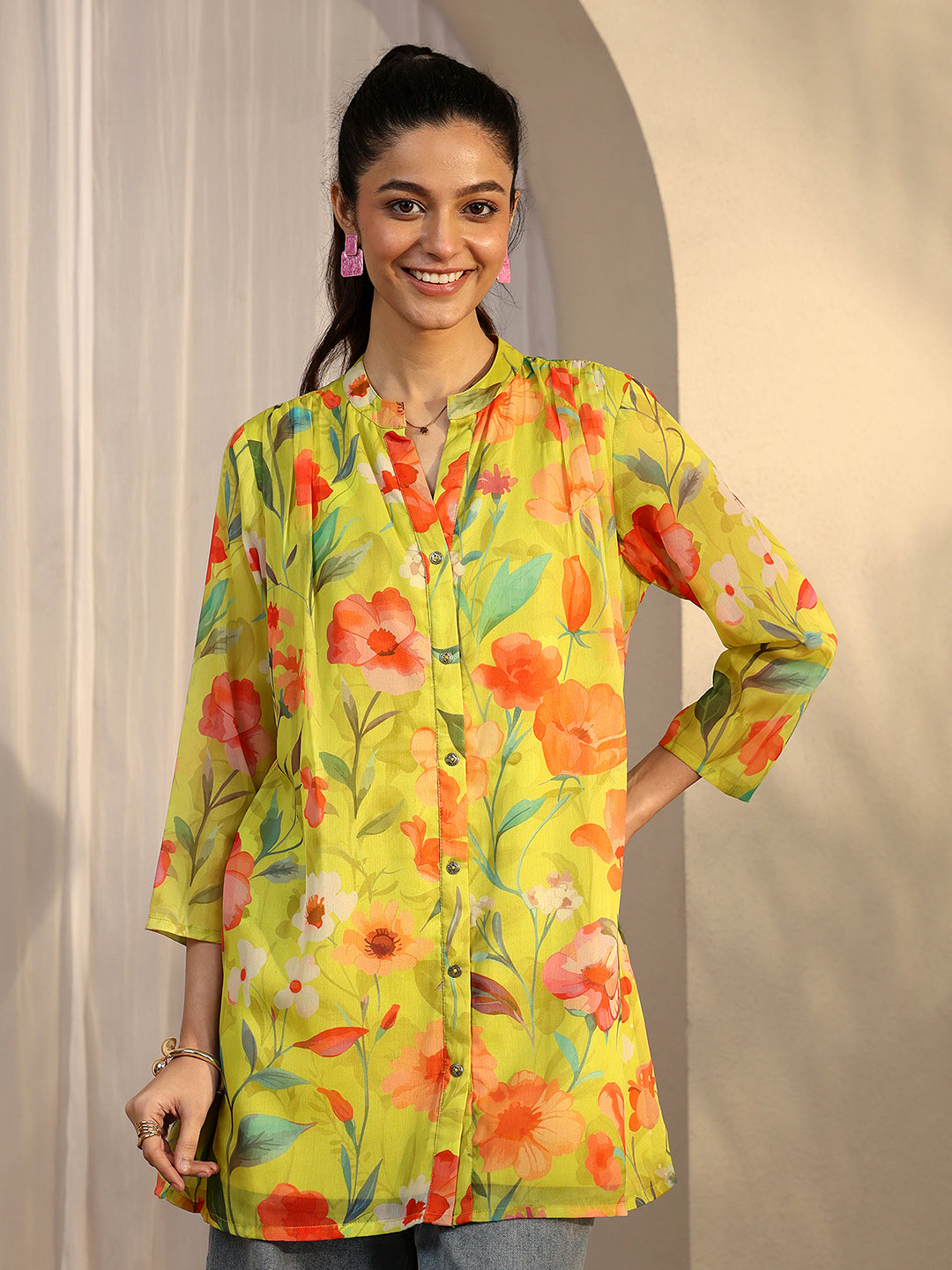 Mustard Printed Chiffon Straight Shirt