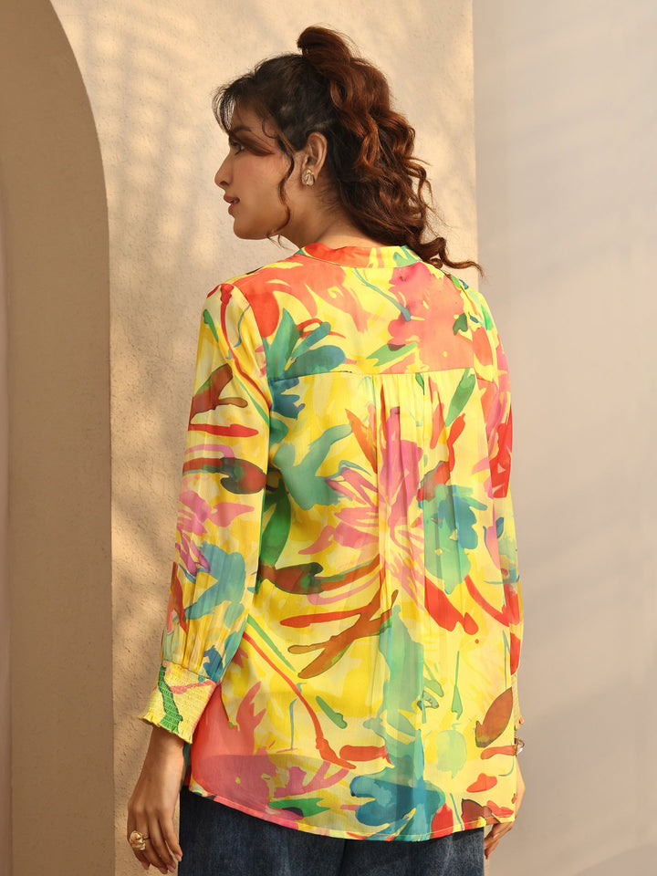 Yellow Printed Chiffon Straight Shirt