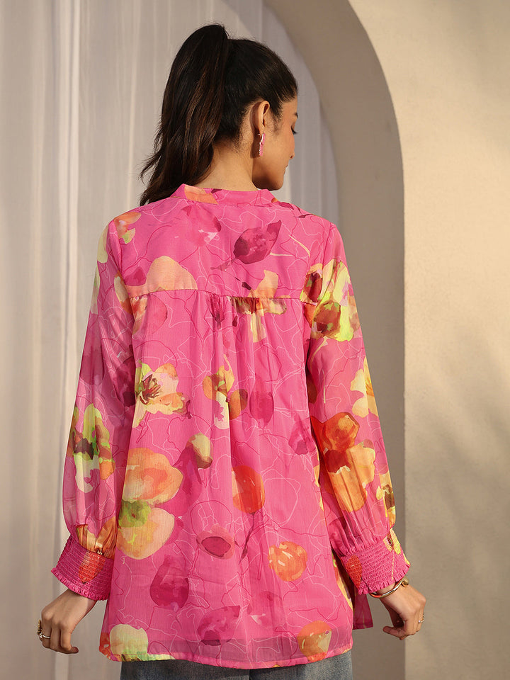 Pink Printed Chiffon Straight Shirt