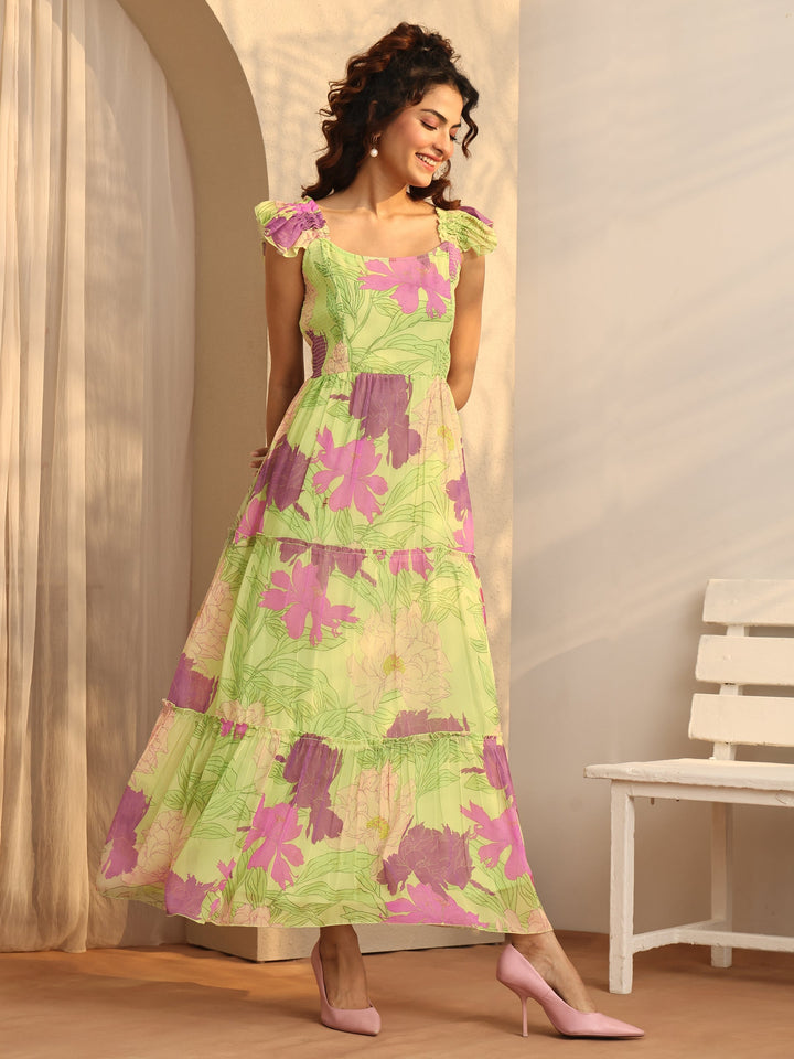 Green Printed Chiffon Fit And Flare One Piece Dress