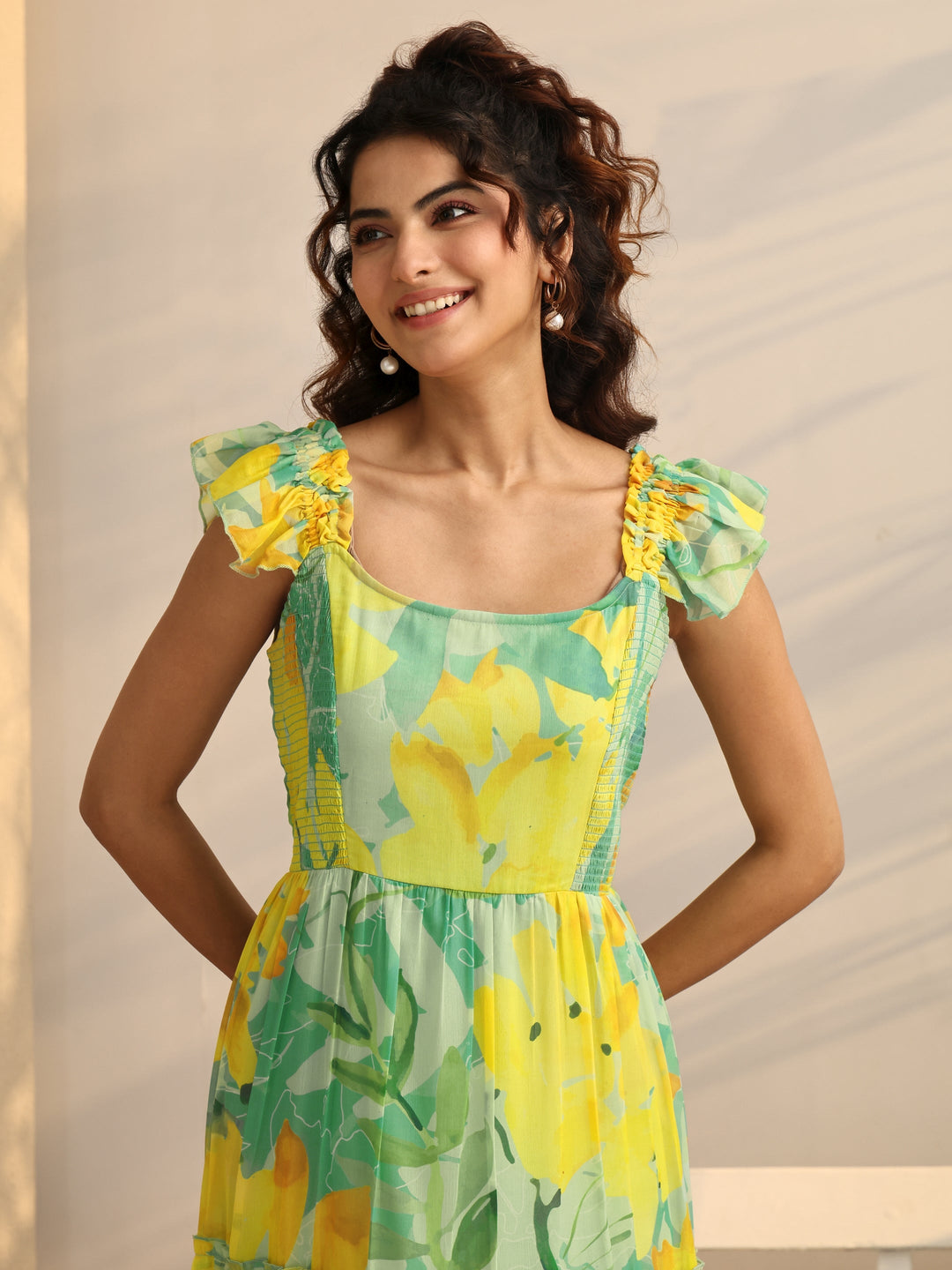 Sea Green Printed Chiffon Fit And Flare One Piece Dress