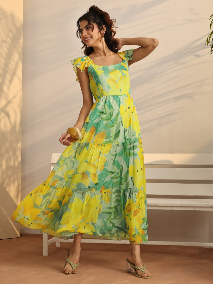Sea Green Printed Chiffon Fit And Flare One Piece Dress