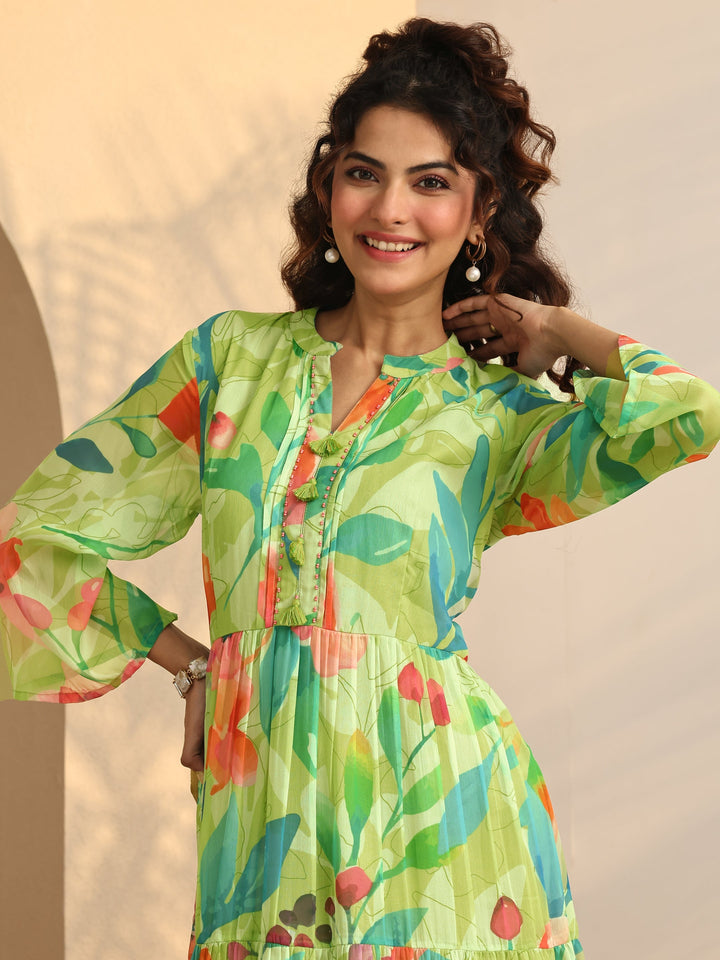 Green Printed Chiffon Fit And Flare One Piece Dress