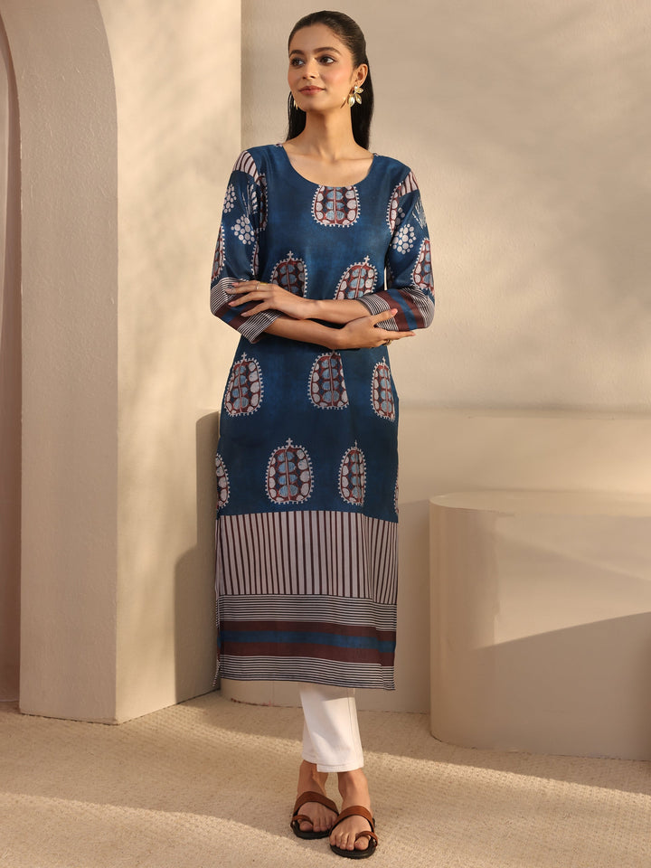 Blue Printed Cotton Blend Straight Kurta