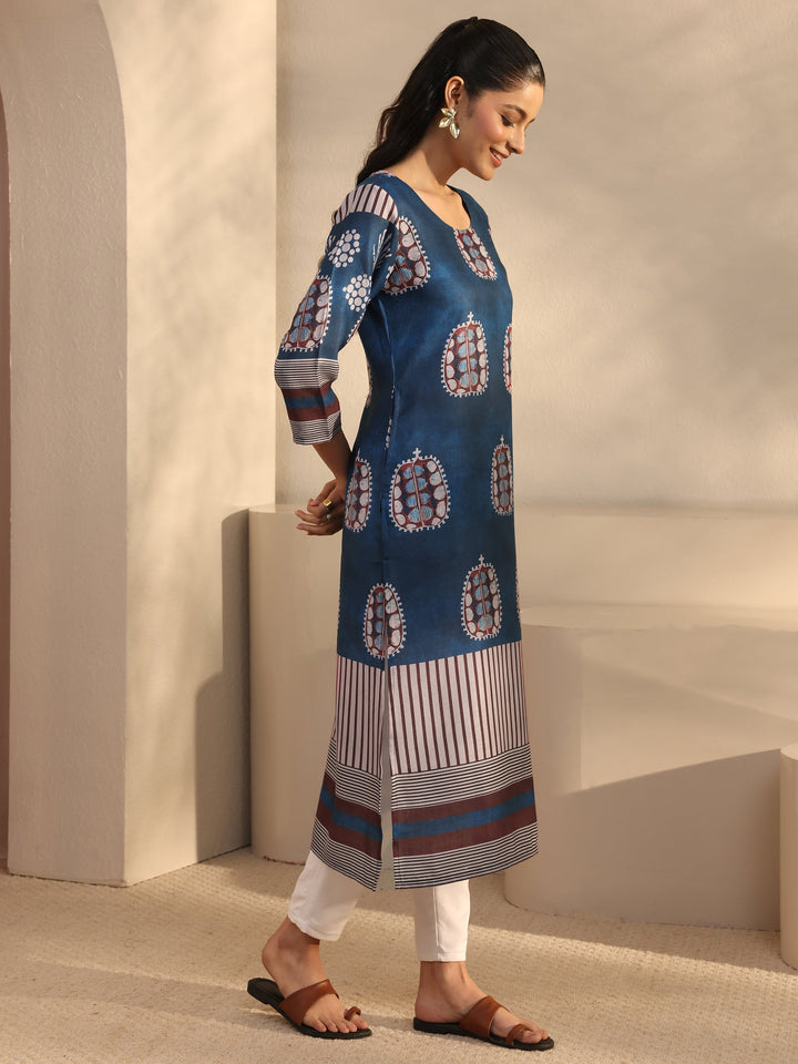 Blue Printed Cotton Blend Straight Kurta