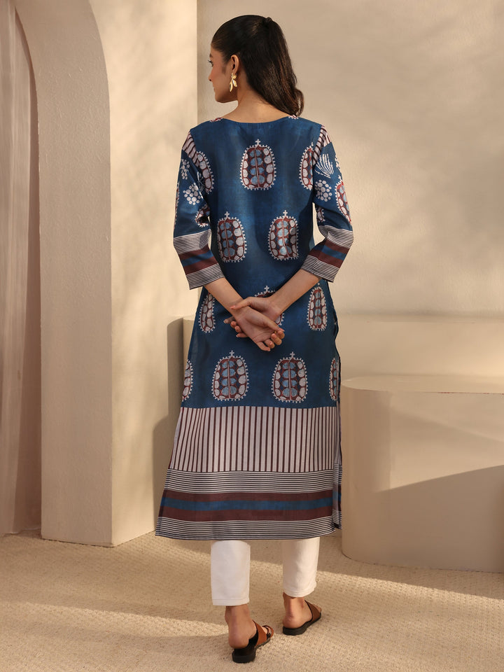 Blue Printed Cotton Blend Straight Kurta