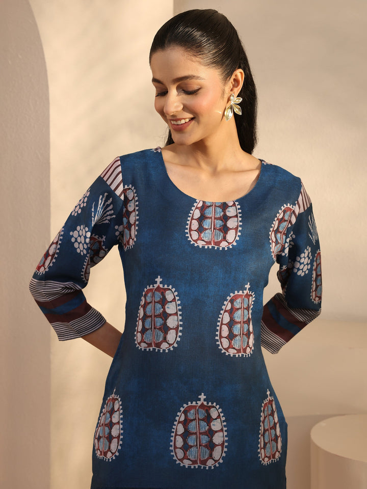 Blue Printed Cotton Blend Straight Kurta
