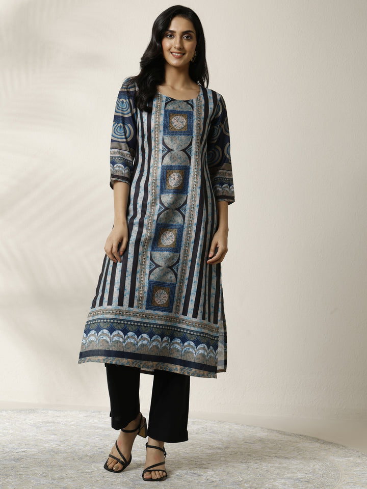 Blue Printed Cotton Blend Straight Kurta