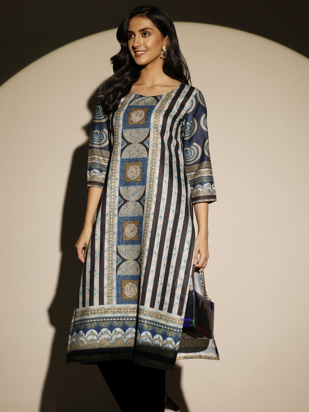 Blue Printed Cotton Blend Straight Kurta