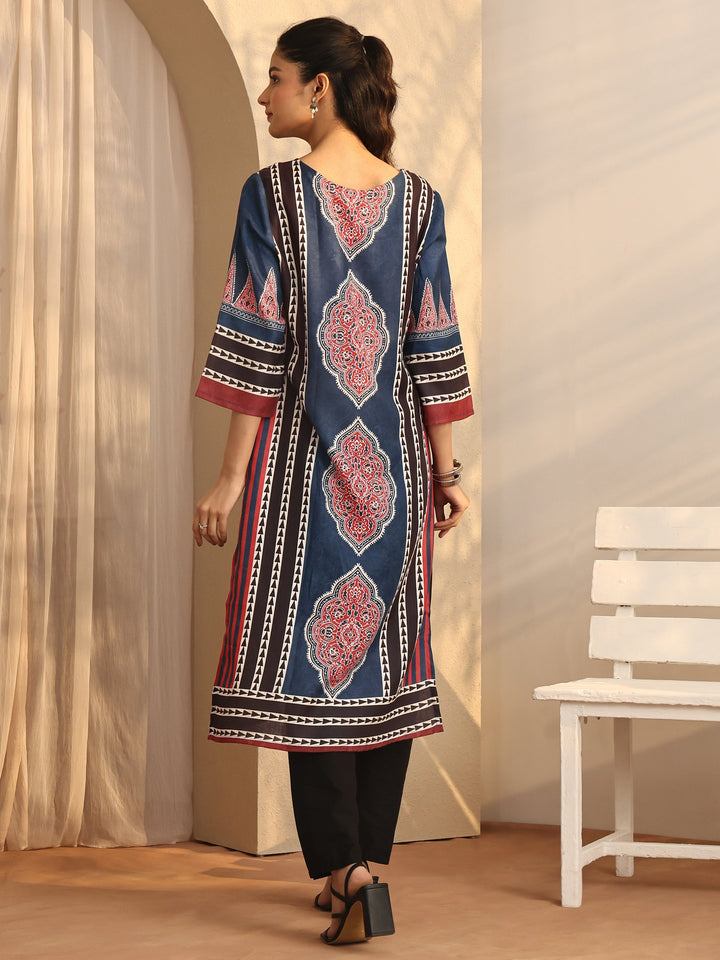 Blue Printed Cotton Blend Straight Kurta