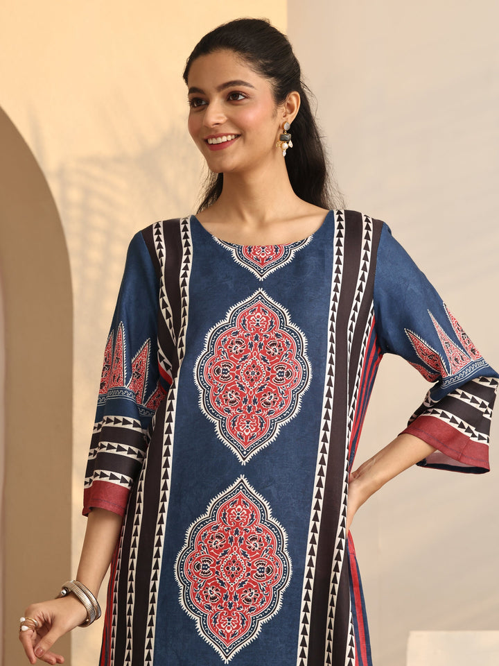 Blue Printed Cotton Blend Straight Kurta