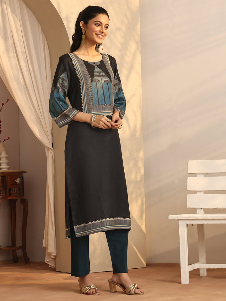 Black Geometric Printed Cotton Blend Straight Kurta