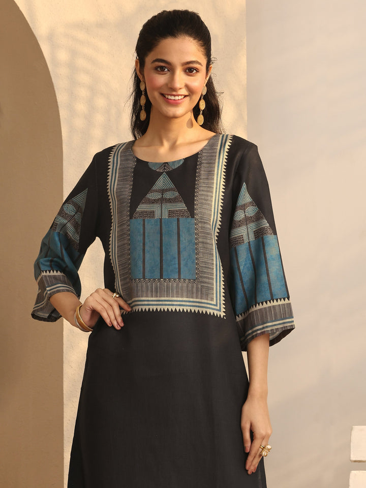 Black Geometric Printed Cotton Blend Straight Kurta