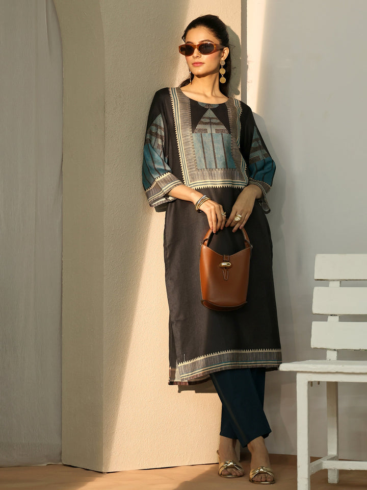 Black Geometric Printed Cotton Blend Straight Kurta