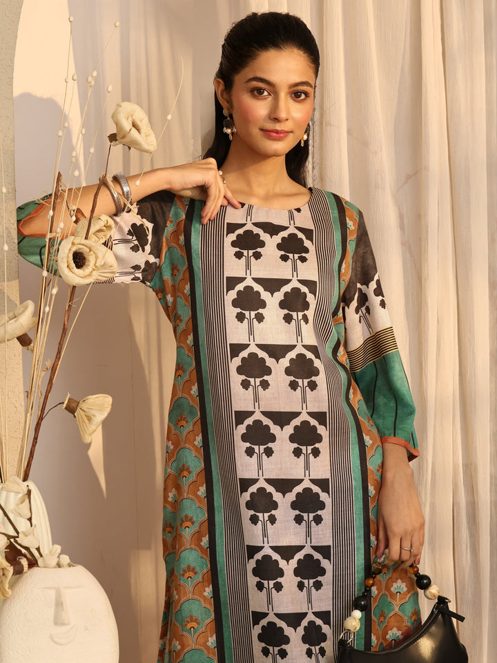 Multi Printed Cotton Blend Straight Kurta