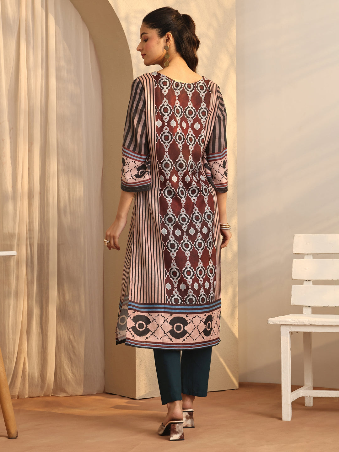 Maroon Printed Cotton Blend Straight Kurta